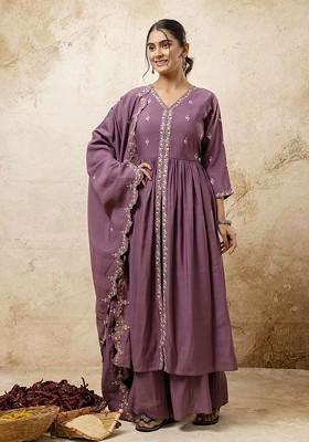 Lavender Floral Embroidered Poly Blend Kurta Set