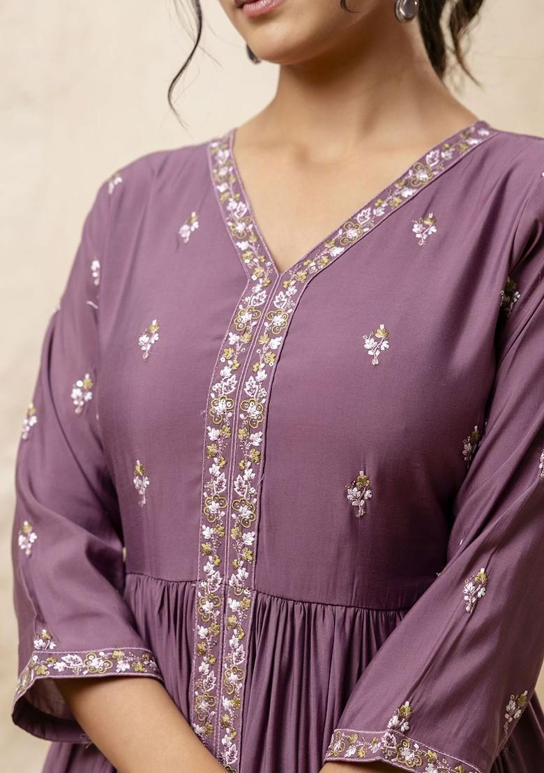 Lavender Floral Embroidered Poly Blend Kurta Set