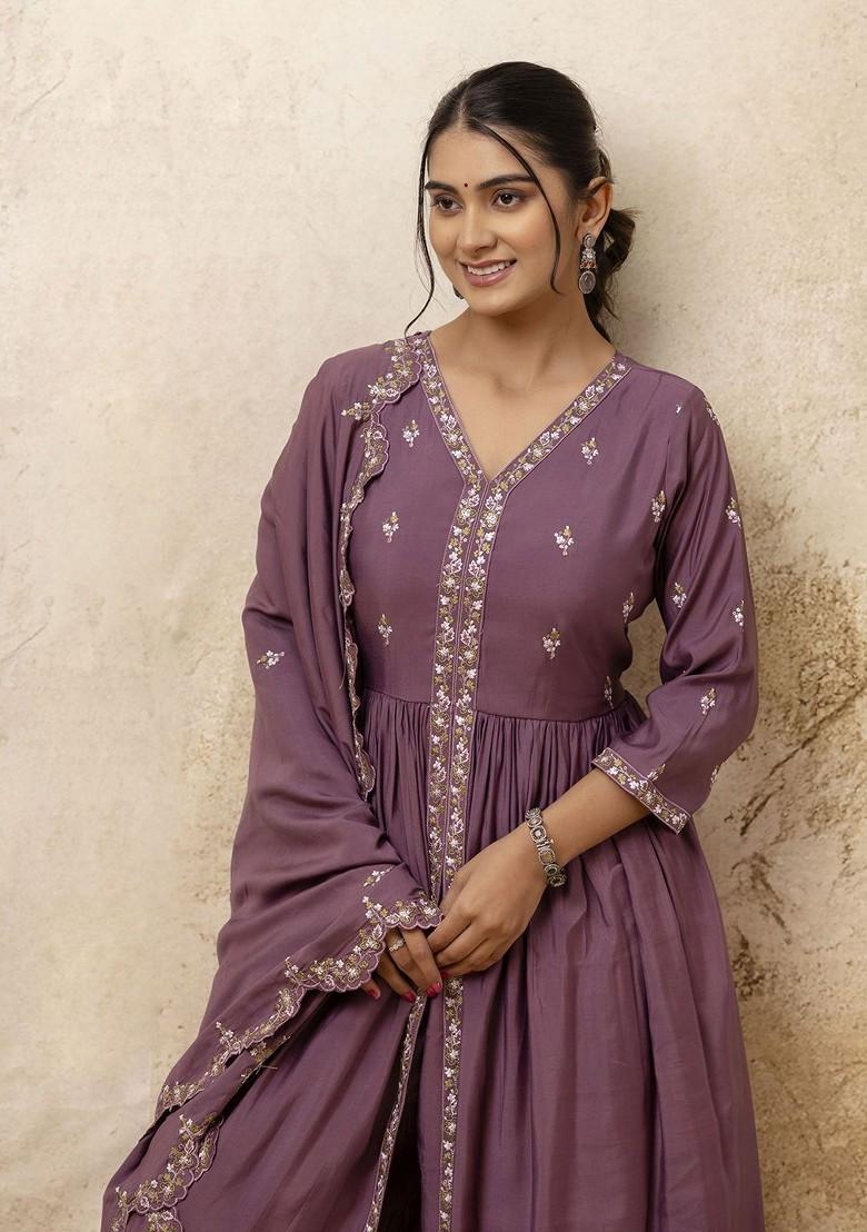 Lavender Floral Embroidered Poly Blend Kurta Set