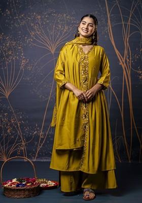Mustard Floral Embroidered Poly Blend Kurta Set