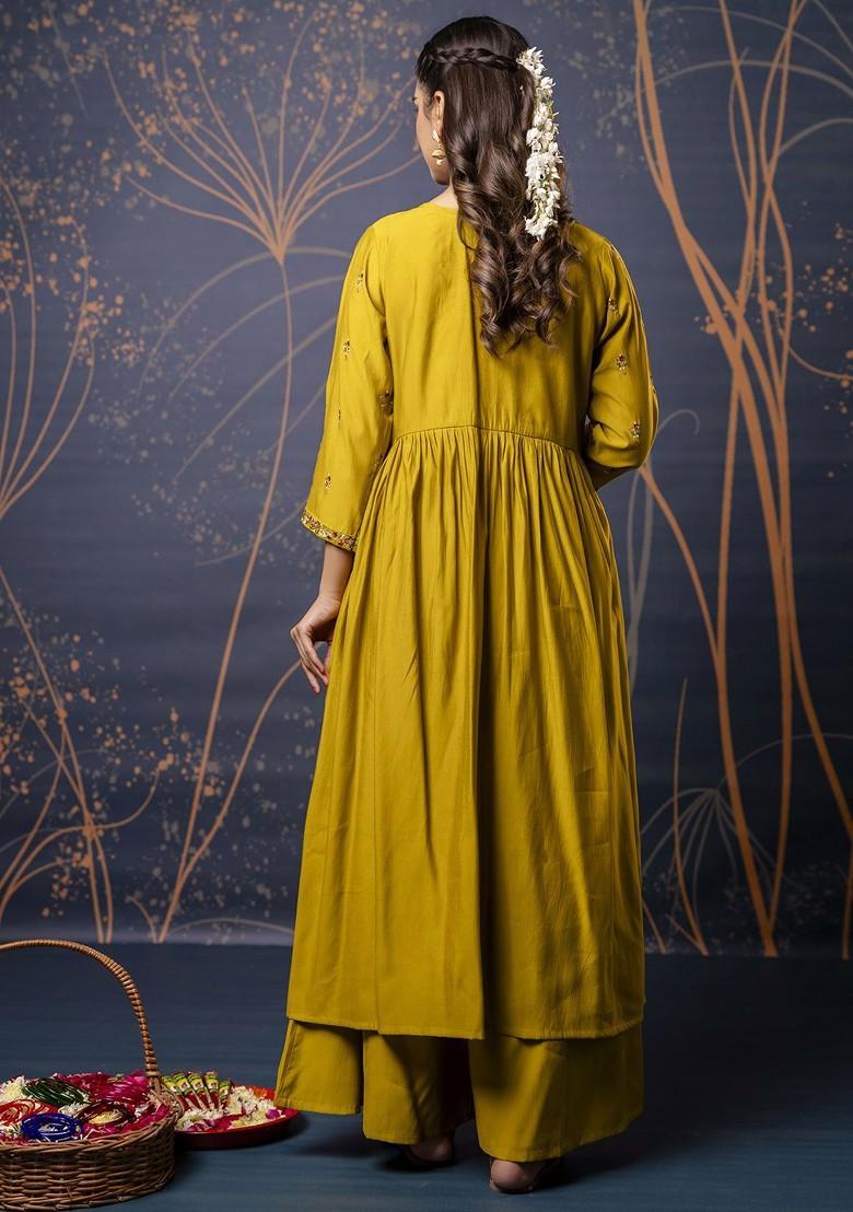 Mustard Floral Embroidered Poly Blend Kurta Set