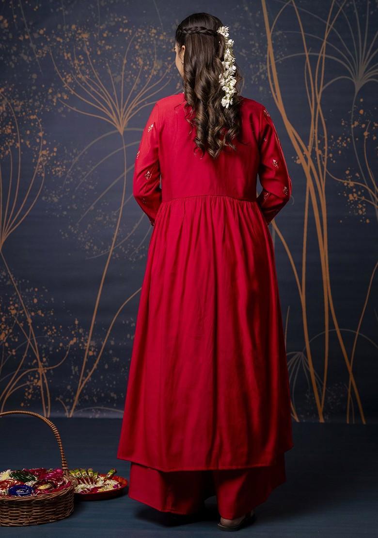 Pink Floral Embroidered Poly Blend Kurta Set