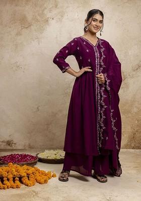 Purple Floral Embroidered Poly Blend Kurta Set