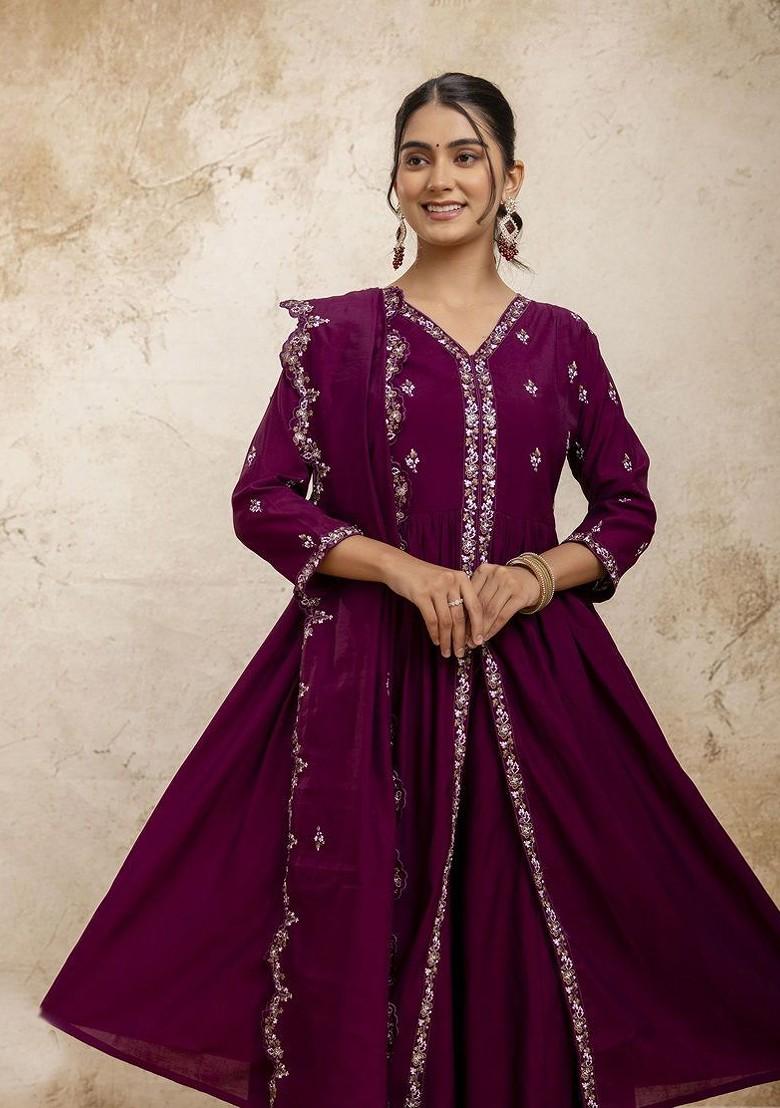Purple Floral Embroidered Poly Blend Kurta Set