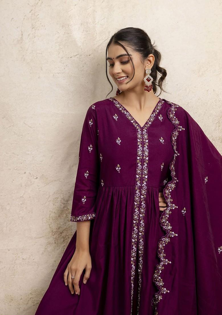 Purple Floral Embroidered Poly Blend Kurta Set