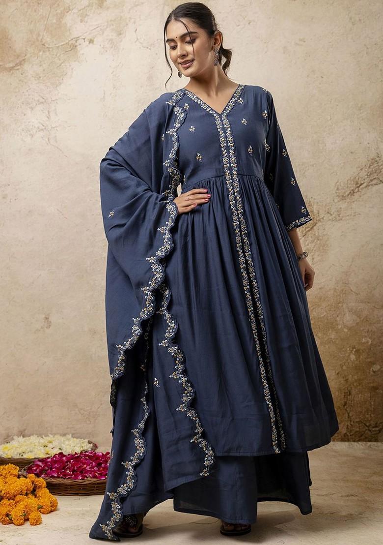 Teal Printed Poly Blend Kurta Set