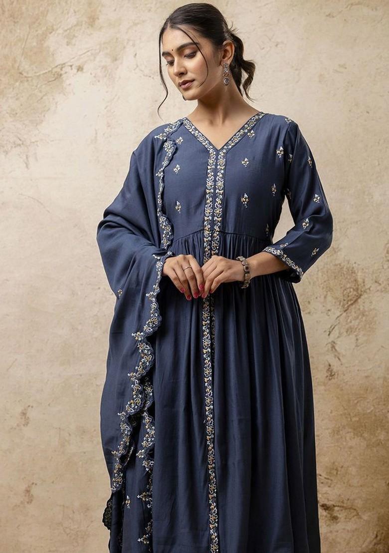 Teal Printed Poly Blend Kurta Set