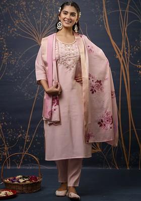 Pink Printed Poly Blend Kurta Set