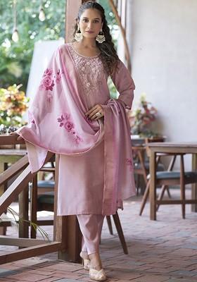 Pink Floral Embroidered Poly Blend Kurta Set