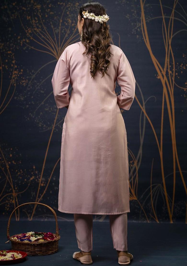 Pink Floral Embroidered Poly Blend Kurta Set