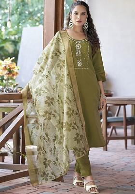 Green Ethnic Motifs Embroidery Poly Blend Kurta Set