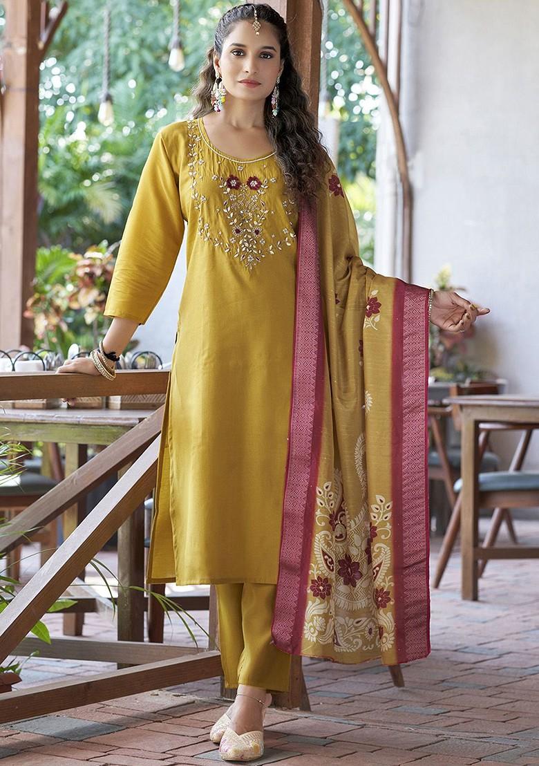 Mustard Floral Embroidered Poly Blend Kurta Set