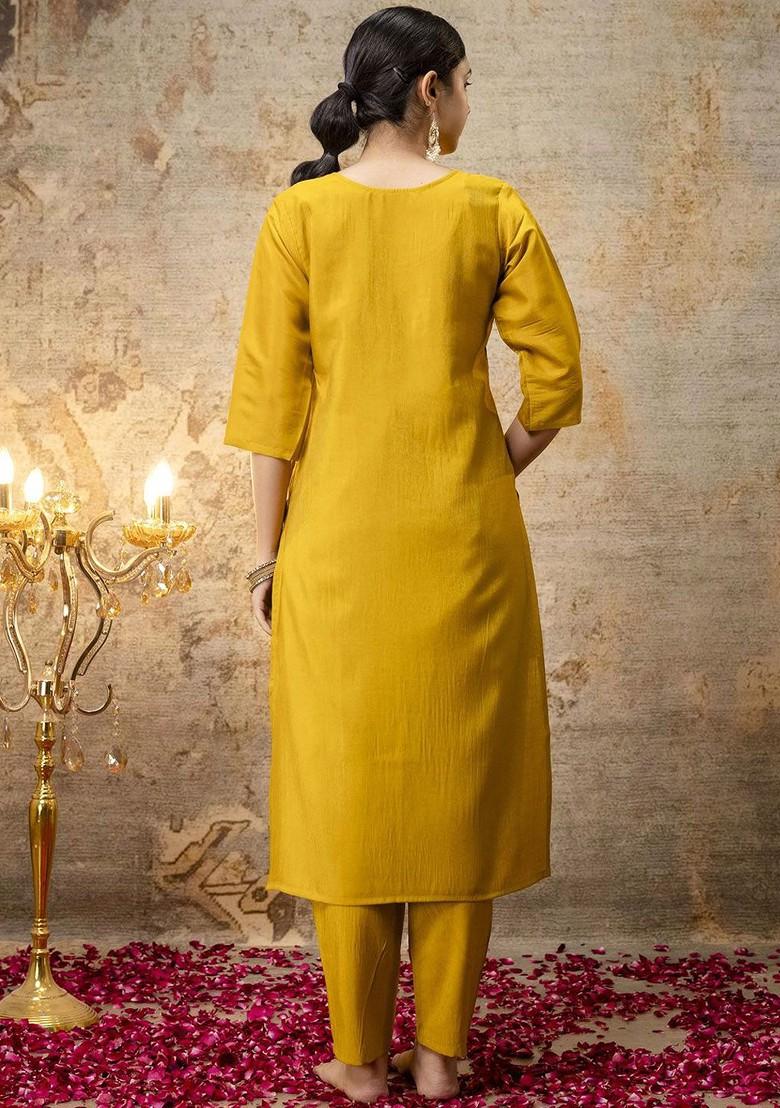Mustard Floral Embroidered Poly Blend Kurta Set