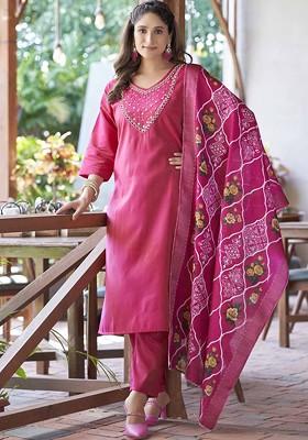 Pink Floral Embroidered Poly Blend Kurta Set