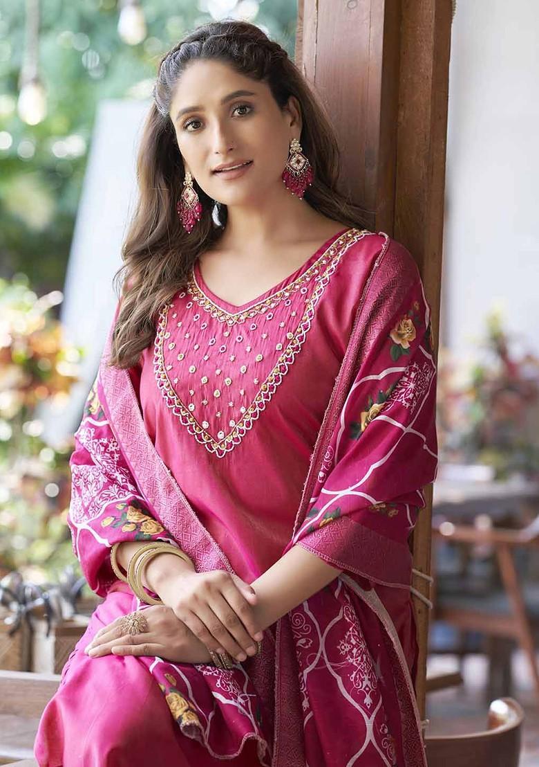 Pink Floral Embroidered Poly Blend Kurta Set