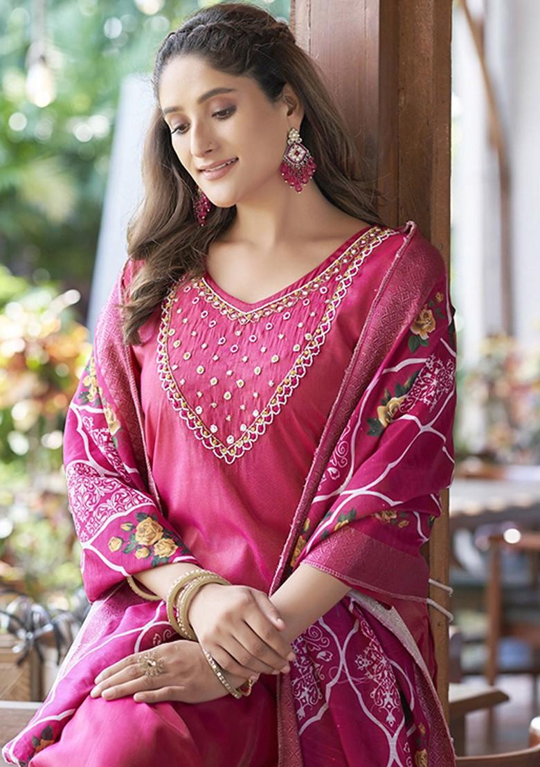 Pink Floral Embroidered Poly Blend Kurta Set