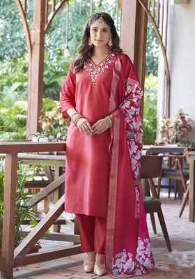 Red Ethnic Motifs Embroidery Poly Blend Kurta Set
