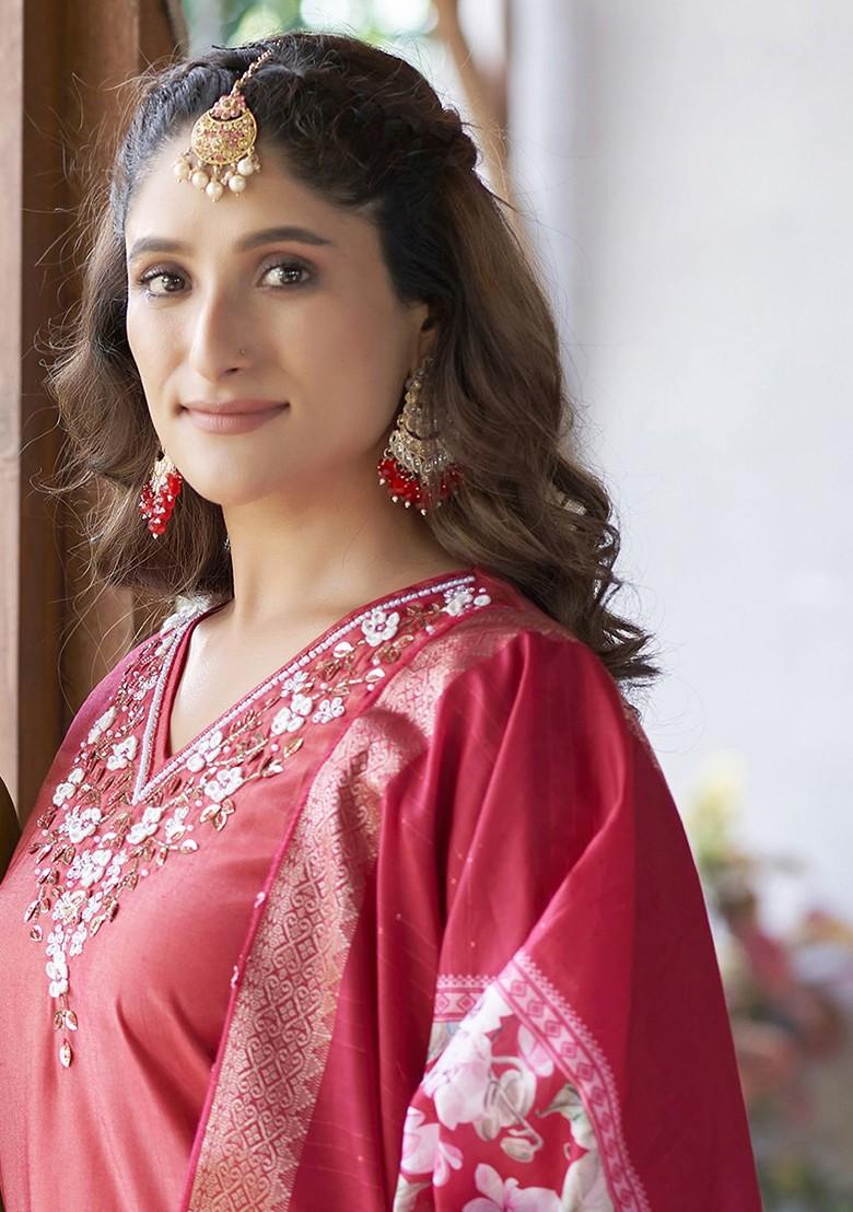 Red Ethnic Motifs Embroidery Poly Blend Kurta Set