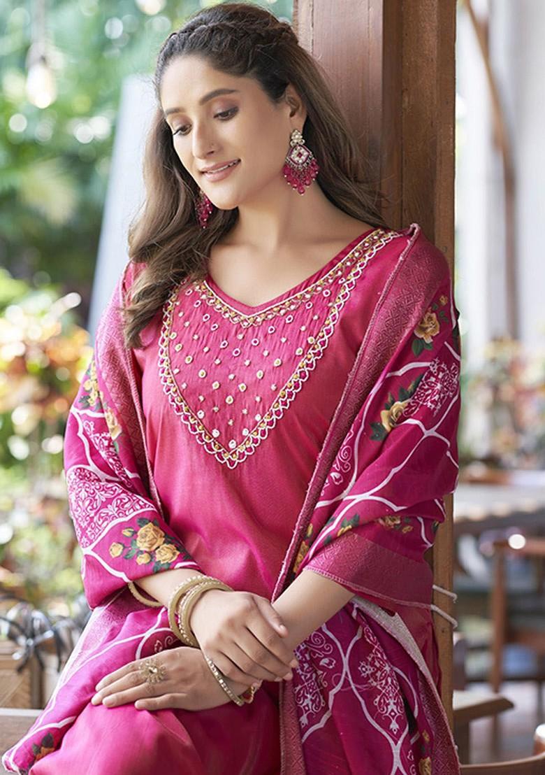 Pink Printed Poly Blend Kurta Set