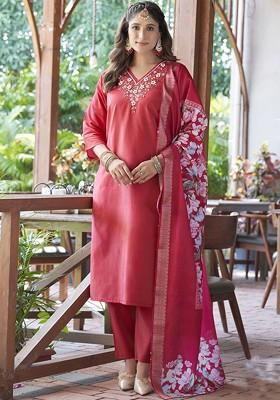 Red Printed Poly Blend Kurta Set