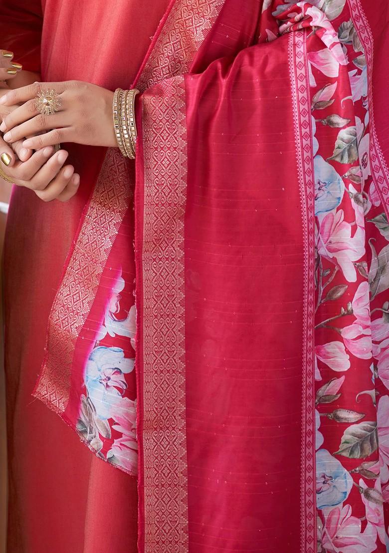 Red Printed Poly Blend Kurta Set