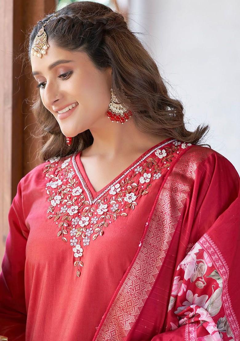 Red Printed Poly Blend Kurta Set