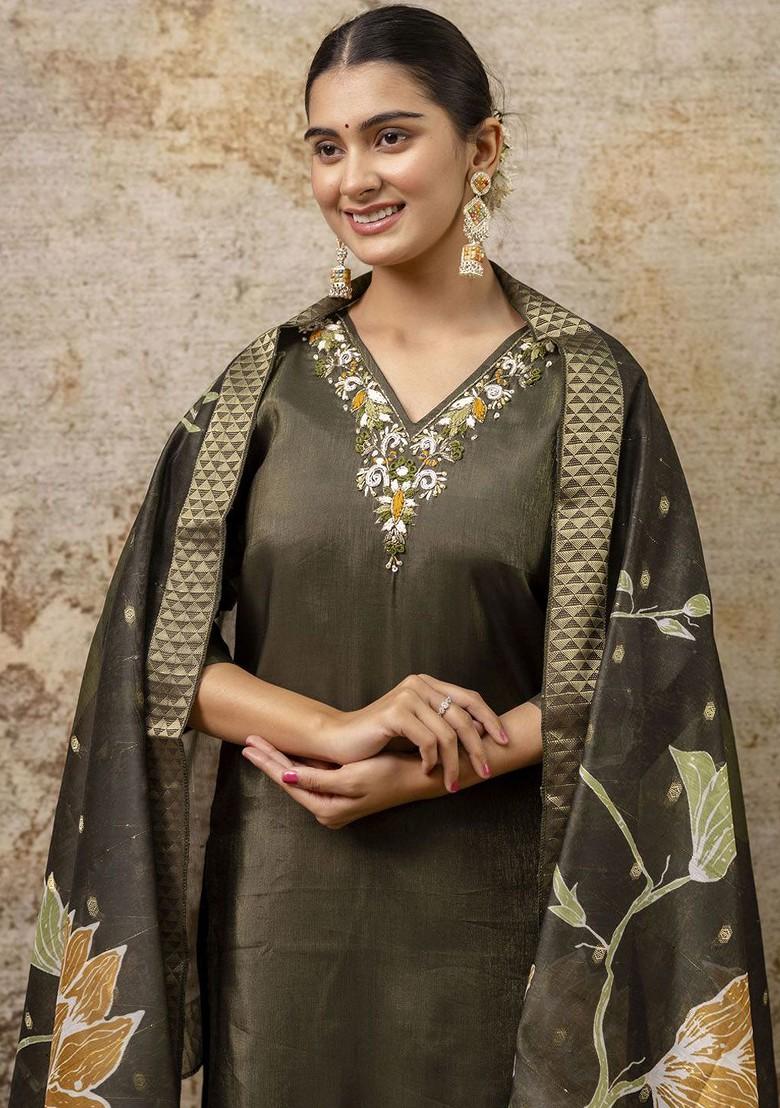 Green Printed Poly Blend Kurta Set