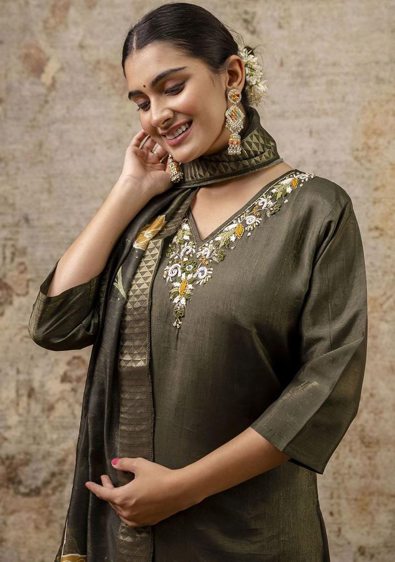 Green Printed Poly Blend Kurta Set