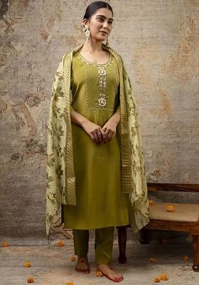 Green Solid Poly Blend Kurta Set