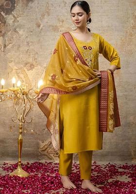 Mustard Solid Poly Blend Kurta Set