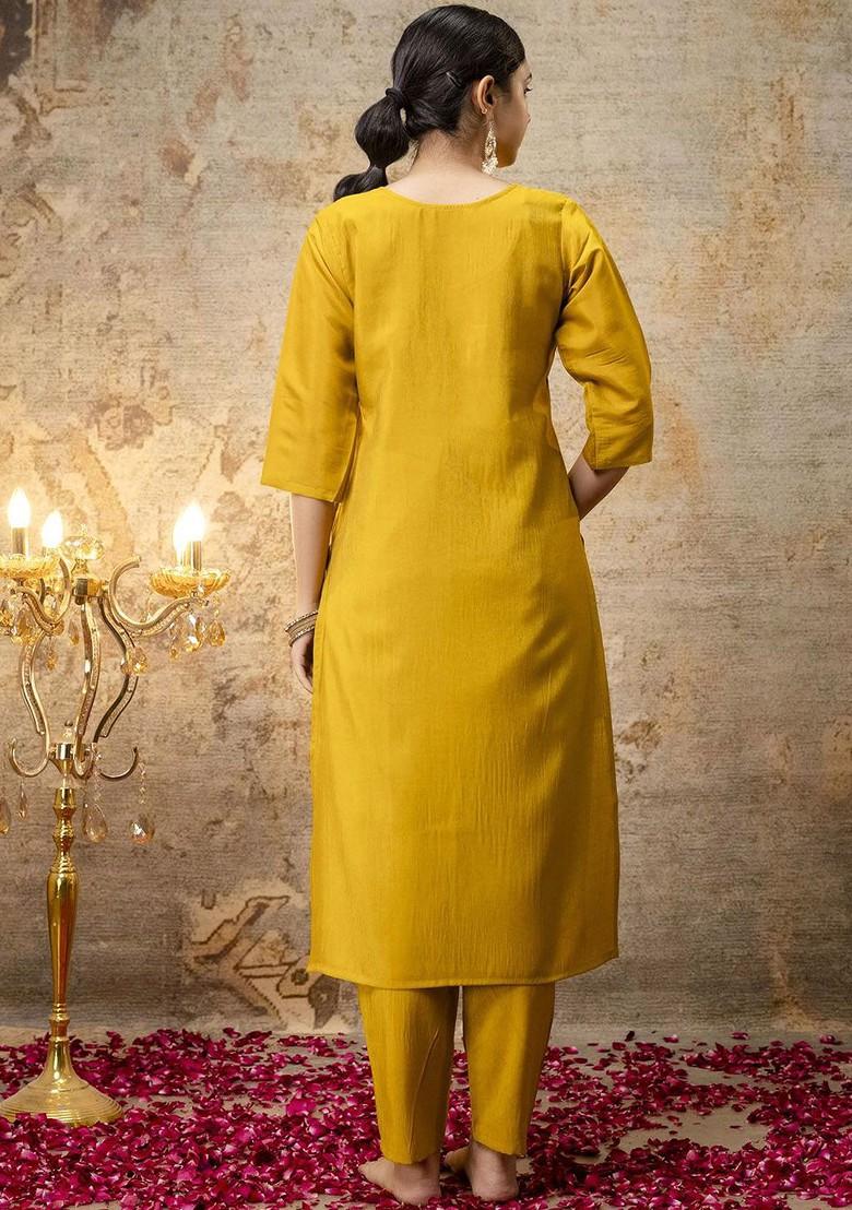 Mustard Solid Poly Blend Kurta Set