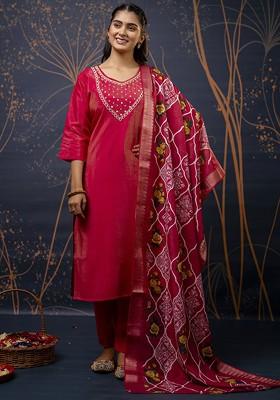 Pink Embroidered Poly Blend Kurta Set