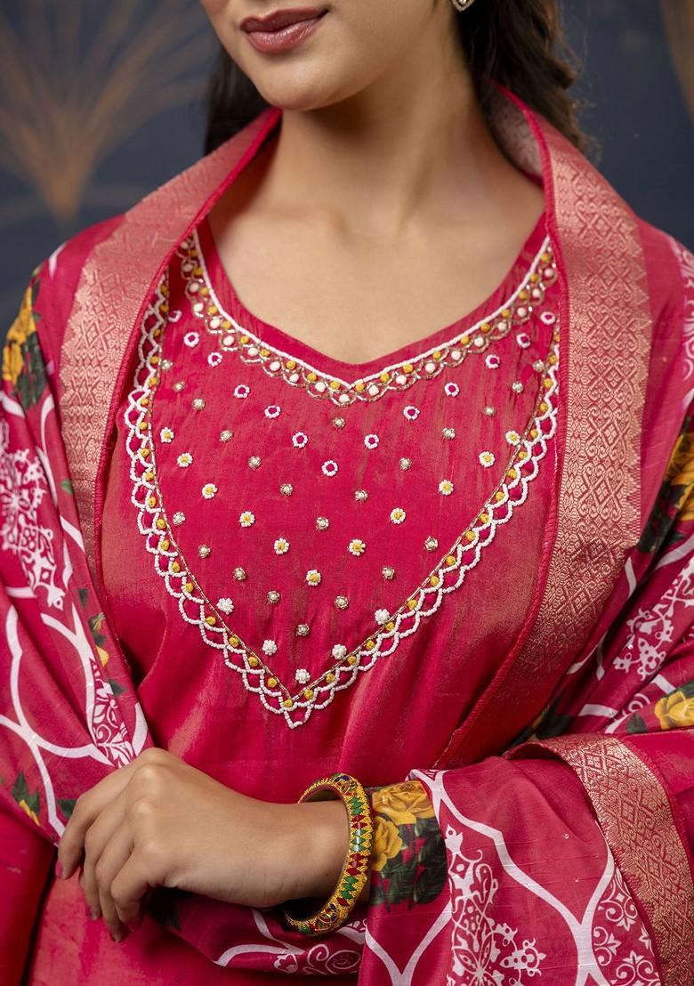 Pink Embroidered Poly Blend Kurta Set