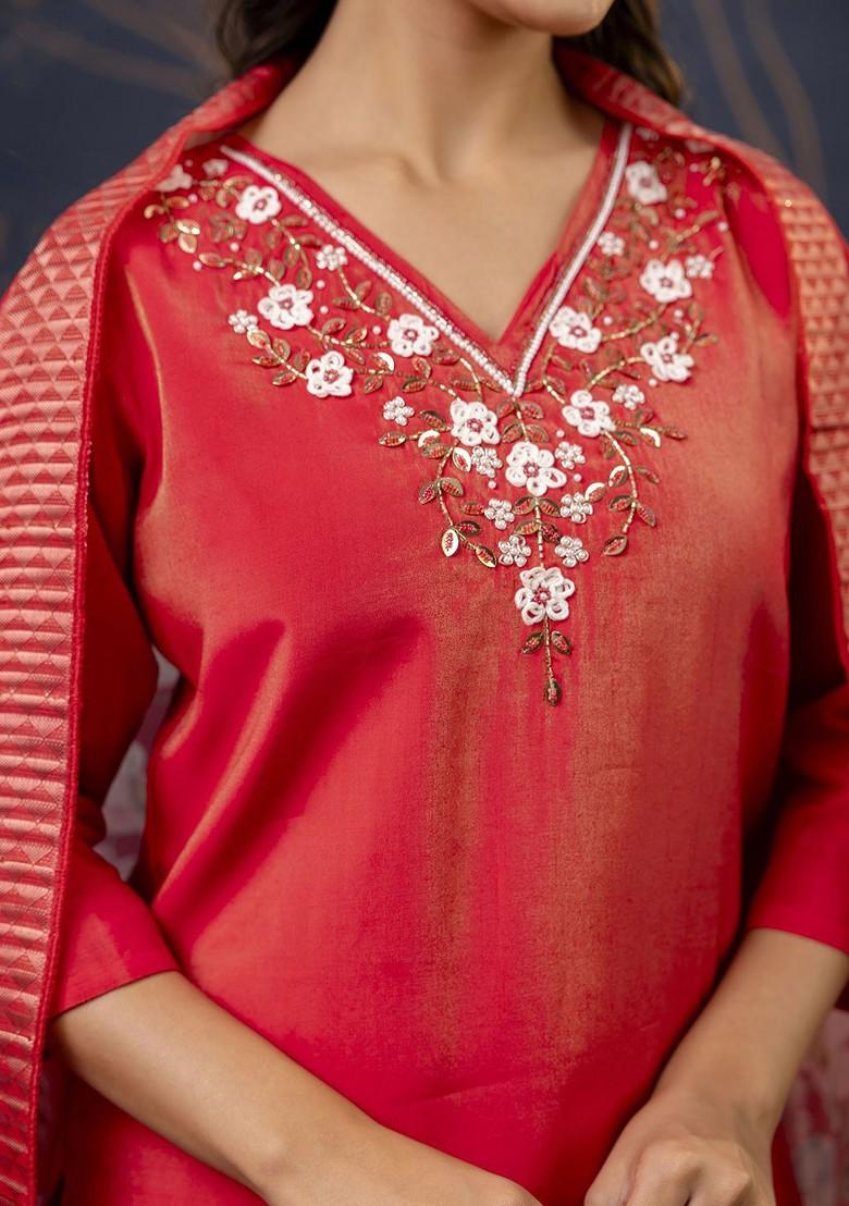 Red Printed Poly Blend Kurta Set