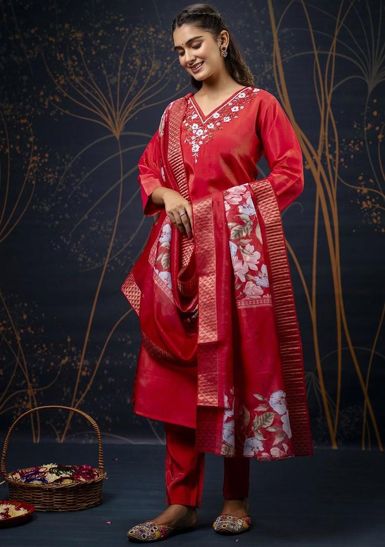 Red Printed Poly Blend Kurta Set
