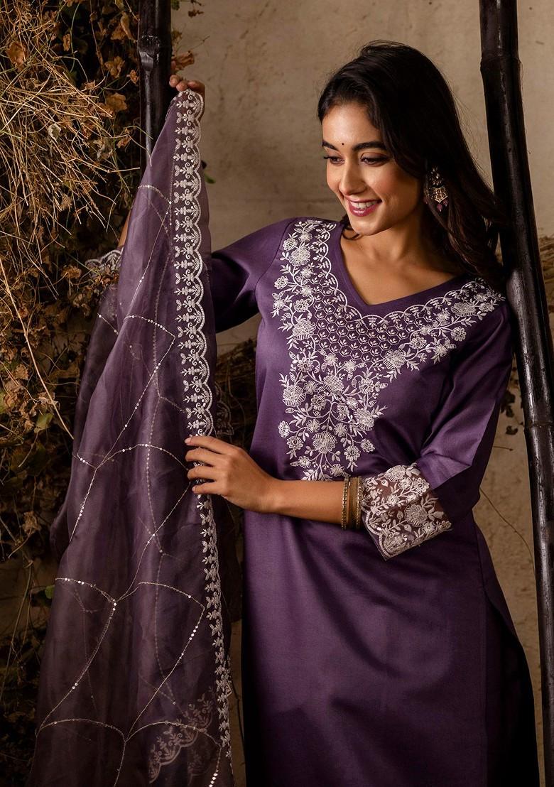 Lavender Floral Embroidered Poly Blend Kurta Set