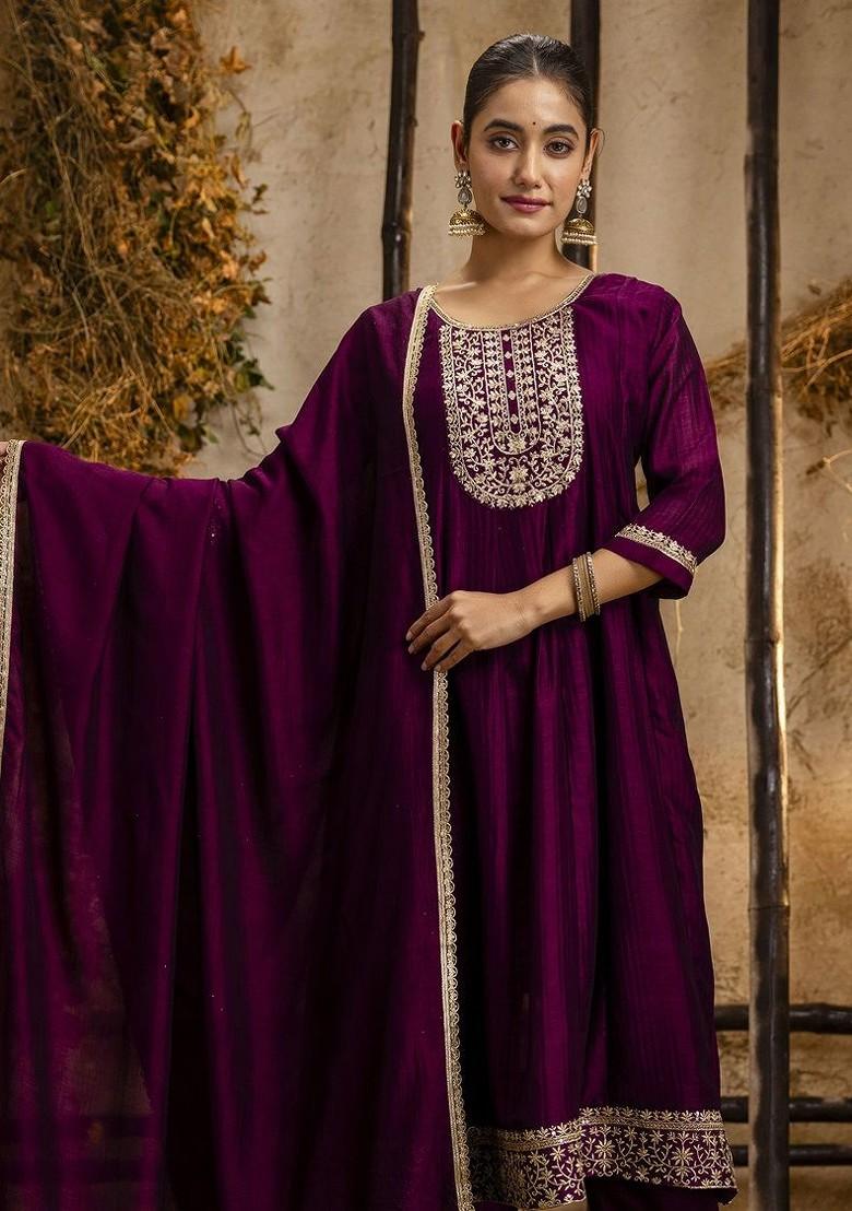 Purple Zari Embroidered Poly Blend Kurta Set