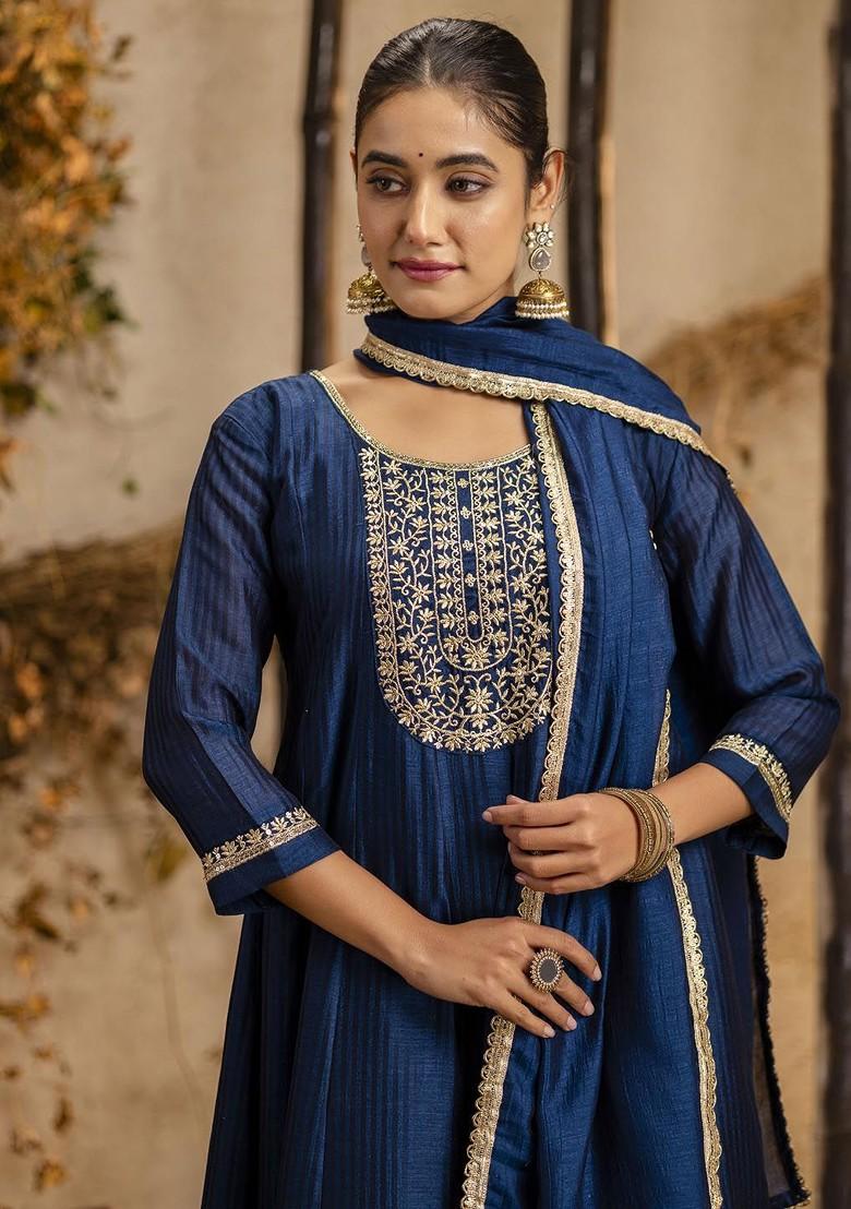 Turquoise Blue Zari Embroidered Poly Blend Kurta Set