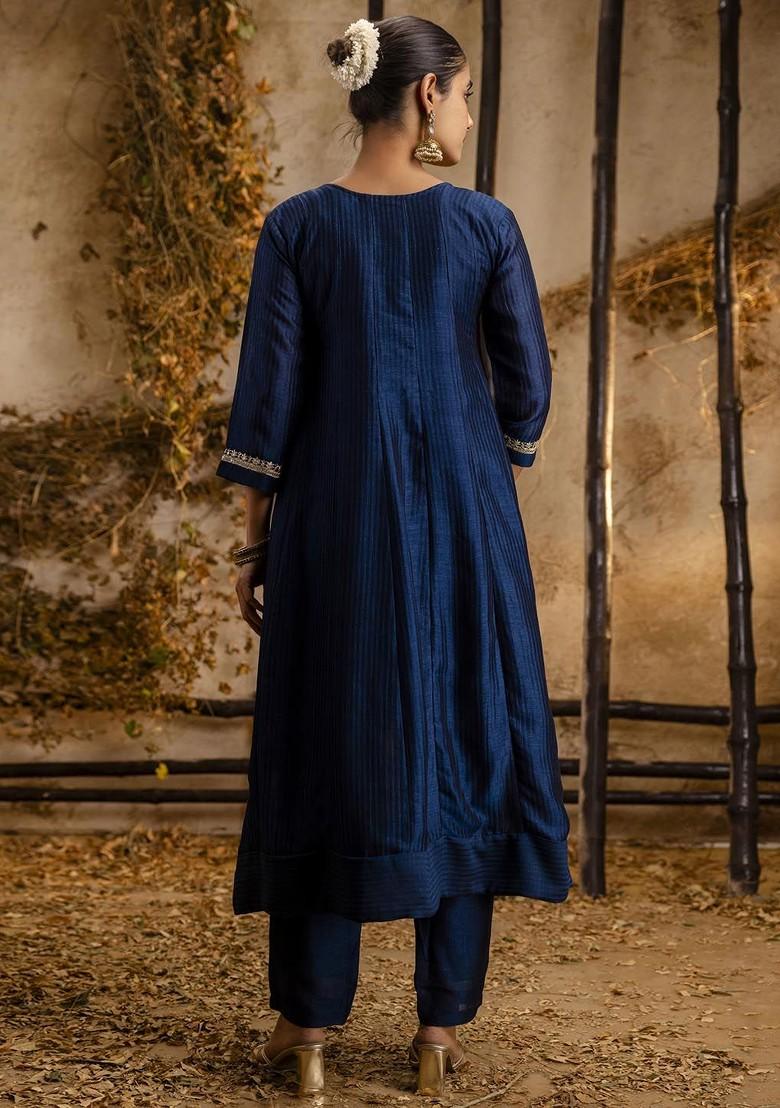 Turquoise Blue Zari Embroidered Poly Blend Kurta Set