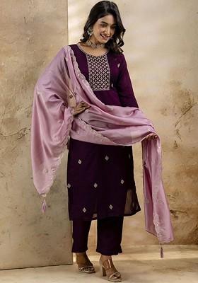 Purple Ethnic Motifs Embroidery Poly Blend Kurta Set