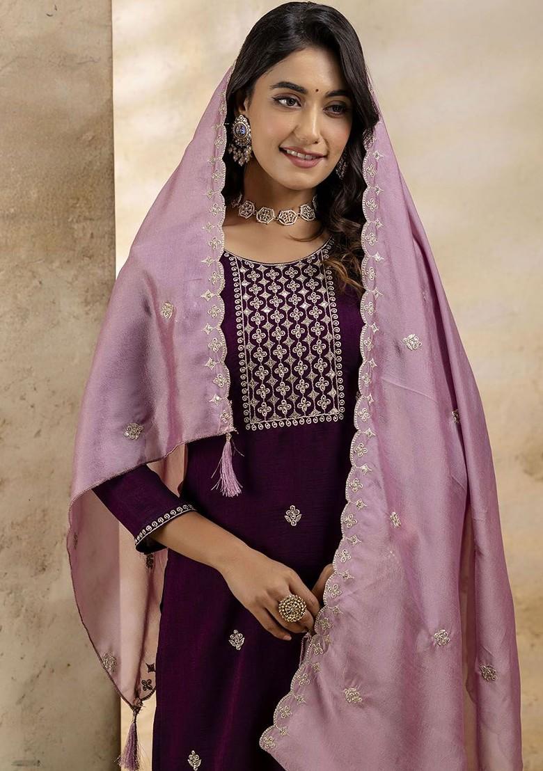 Purple Ethnic Motifs Embroidery Poly Blend Kurta Set
