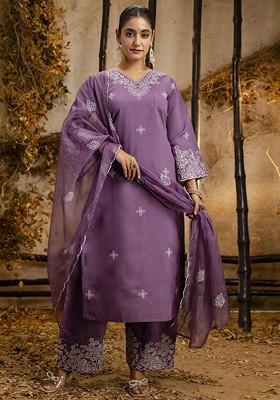 Lavender Floral Embroidered Poly Blend Kurta Set
