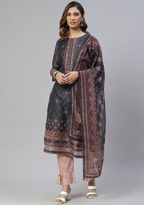 Grey Floral Print Poly Blend Kurta Set