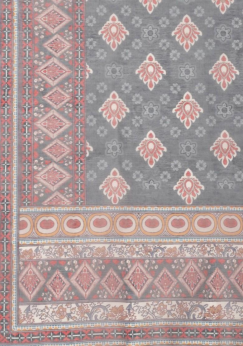 Grey Floral Print Poly Blend Kurta Set
