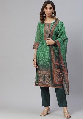 Green Floral Print Silk Kurta Set