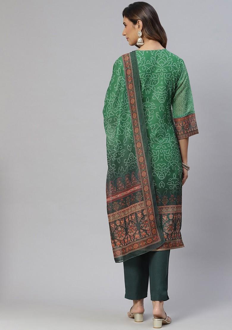 Green Floral Print Silk Kurta Set