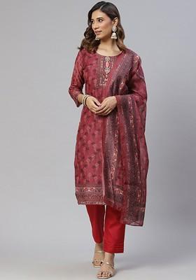 Pink Floral Print Poly Blend Kurta Set