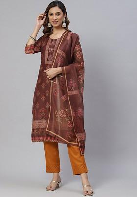 Brown Floral Print Poly Blend Kurta Set