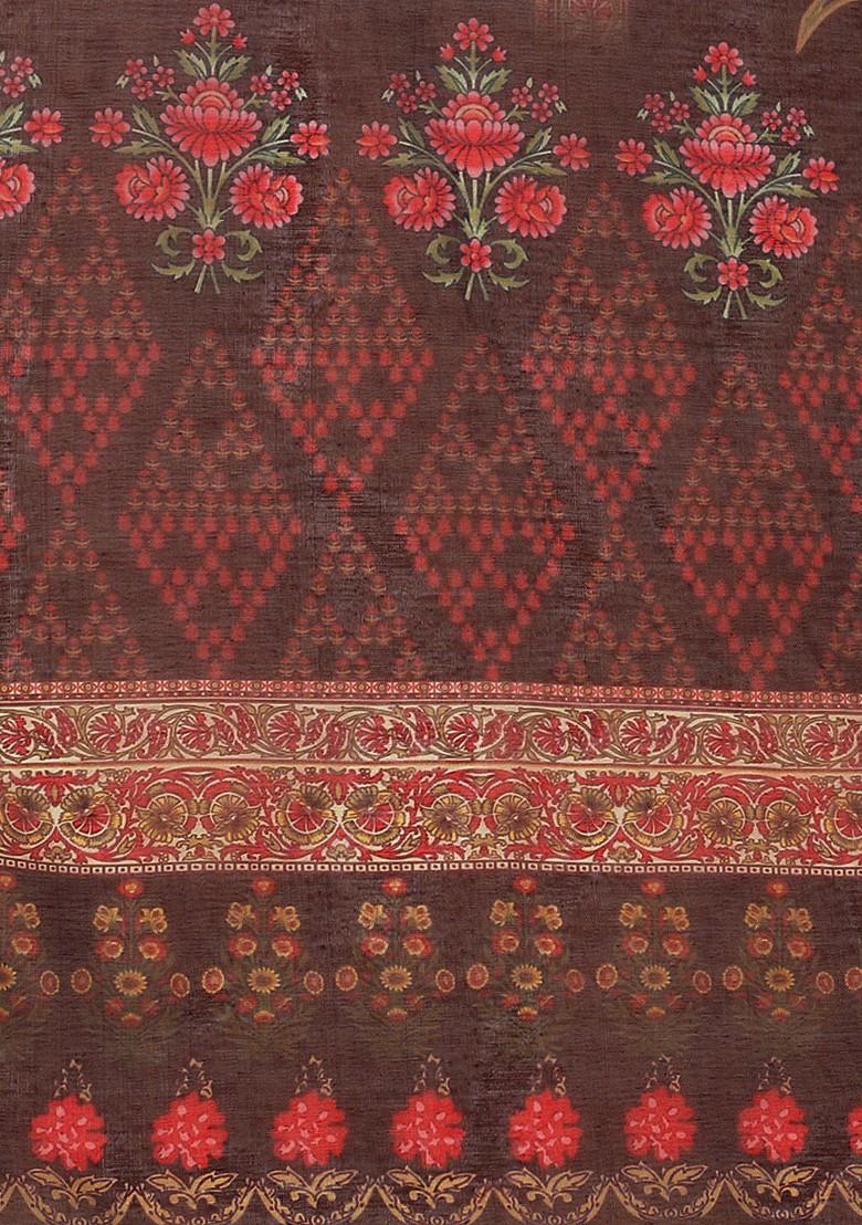 Brown Floral Print Poly Blend Kurta Set