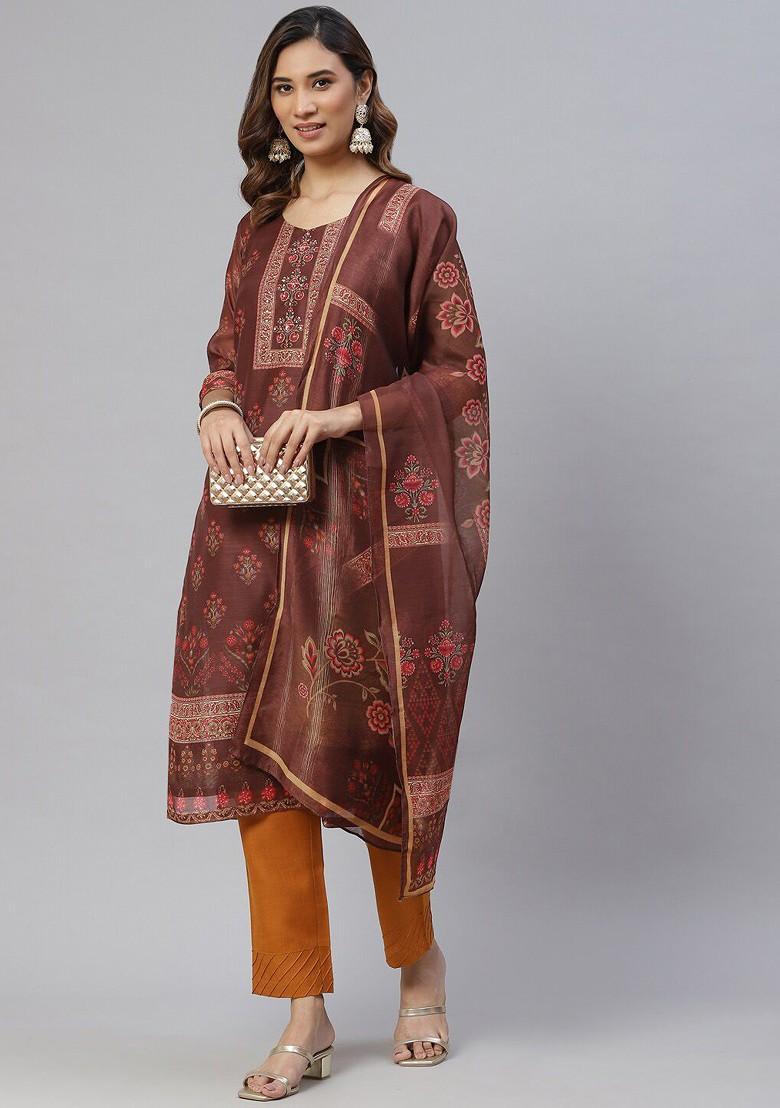 Brown Floral Print Poly Blend Kurta Set